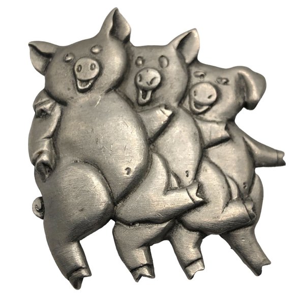 Vintage Mali Three Pigs Dancing Smiling Silver Tone Metal Signed Whimsical - Picture 1 of 5